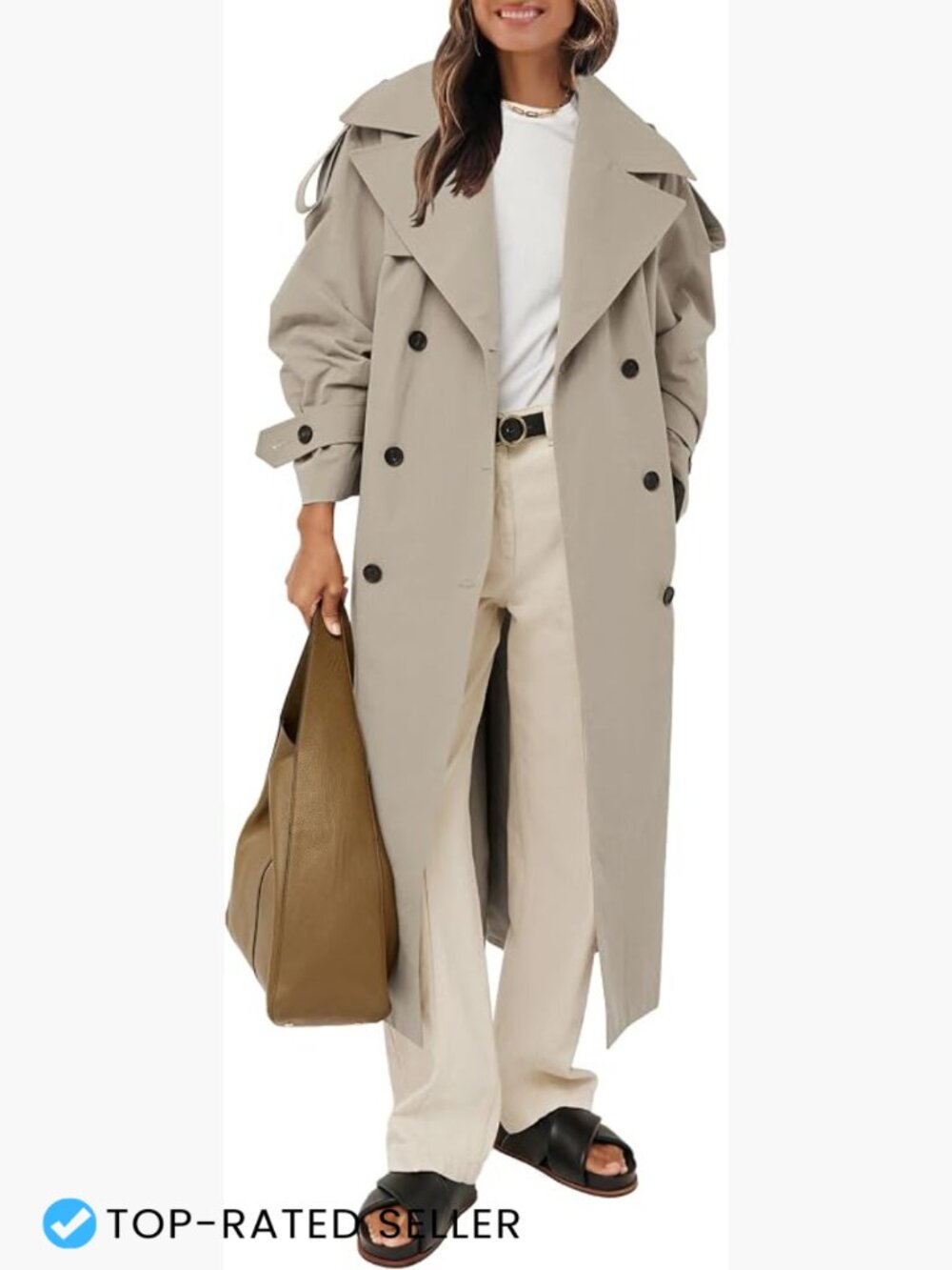 Oversized Long Trench Coat Double Breasted Lapel Windproof Belted